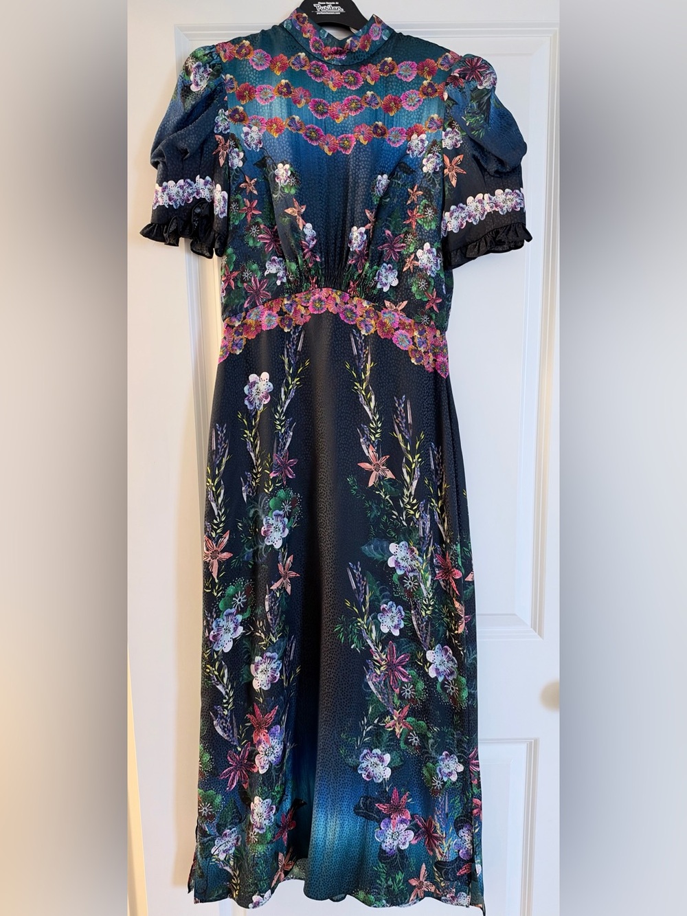 SALONI Floral Print Midi Maxi Dress US 2 UK 6 High Neck Ruffle Sleeve
